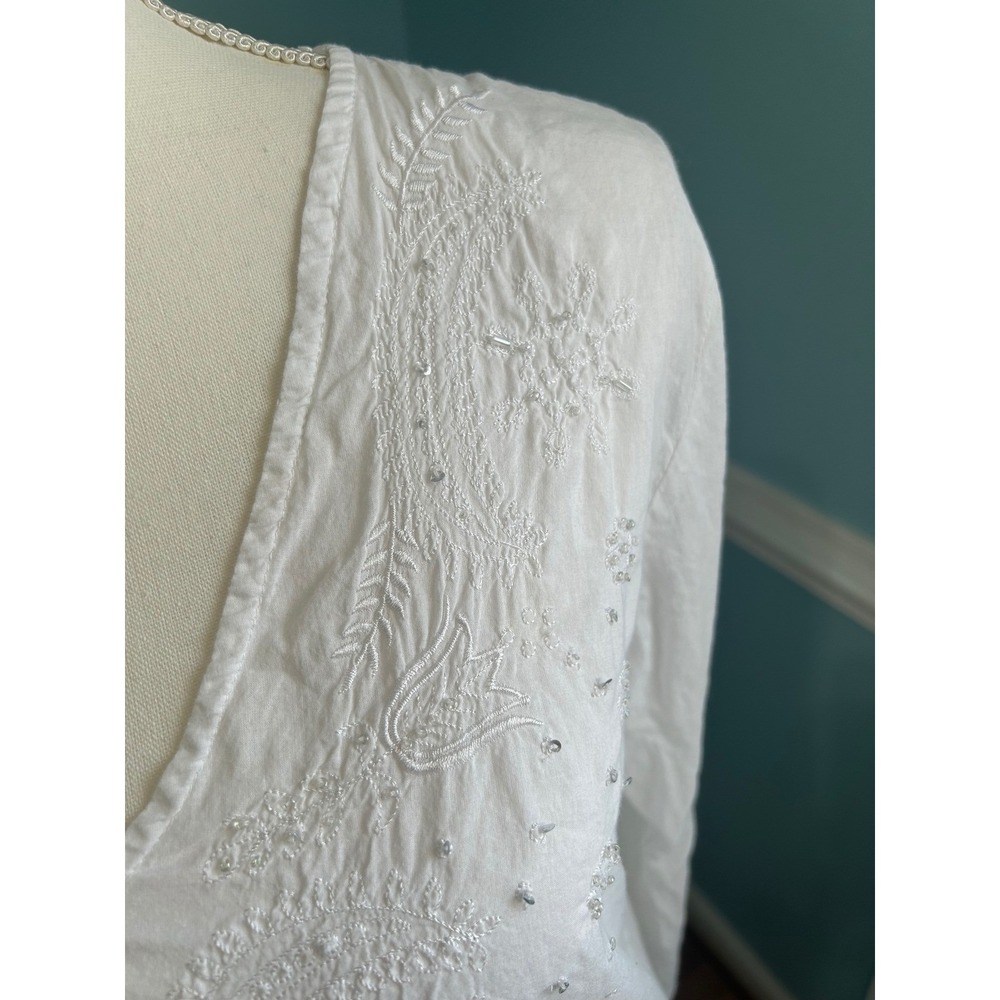 Andrew & Co Womens White Cotton Embroidered Sequin V-Neck Tunic Bell Sleeve L - Picture 4 of 10